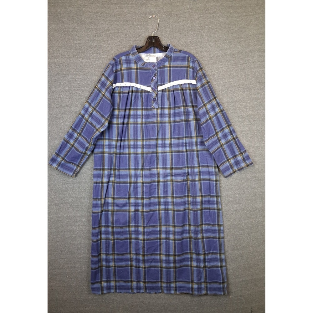 Cozee Corner Womens Nightgown L Blue Plaid Flannel Lace Grannie Cabin Heritage